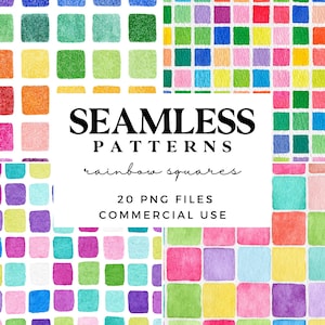 Puede incluir: Una colección de patrones sin costuras coloridos con cuadrados de arcoíris. La imagen incluye varias combinaciones de colores, como rojo, naranja, amarillo, verde, azul y morado. El texto en la imagen dice "SEAMLESS PATTERNS rainbow squares 20 PNG FILES COMMERCIAL USE."