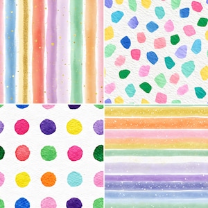 May include: A collection of watercolor patterns featuring stripes, dots, and irregular shapes in various colors. The designs include vertical stripes with gold accents, colorful dots, and abstract shapes on a white background.