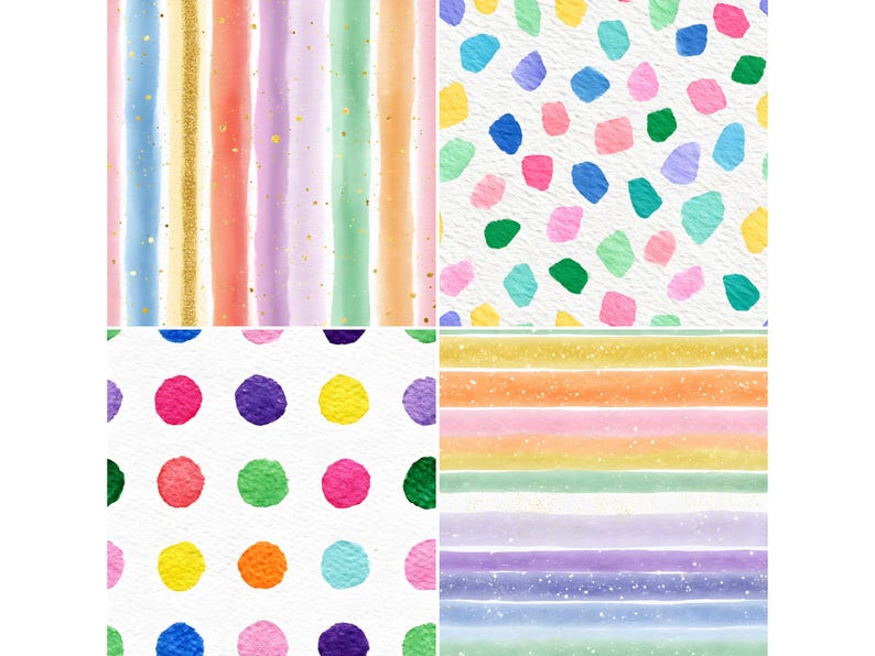 May include: A collection of watercolor patterns featuring stripes, dots, and irregular shapes in various colors. The designs include vertical stripes with gold accents, colorful dots, and abstract shapes on a white background.