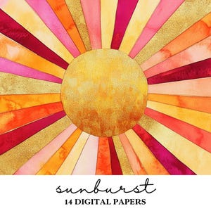 Papier numérique soleillé - papier de scrapbooking soleil rétro - papier imprimable soleil - motif étoile dorée - orange et or - usage Commercial