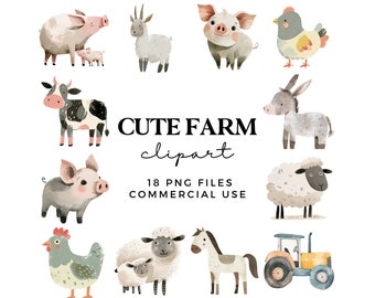 Puede incluir: Un conjunto de 18 ilustraciones de animales de granja lindos en estilo acuarela. Los animales incluyen un cerdo, una vaca, una cabra, un burro, una oveja, un pollo y un tractor. Las ilustraciones son perfectas para usar en libros para niños, tarjetas de felicitación u otros proyectos creativos.  "Cute Farm clipart" y "18 PNG files Commercial Use" están escritos en el centro de la imagen.