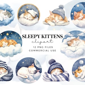 Clipart chaton aquarelle - mignon chaton endormi PNGs - clipart chat mignon endormi - bébés animaux - clipart baby shower - conception par sublimation