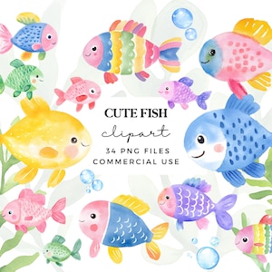 Clipart poissons mignons - Images de poissons aquarelles - Illustrations clipart kawaii - Art mural aquarelle pour chambre d'enfant - Sous la mer