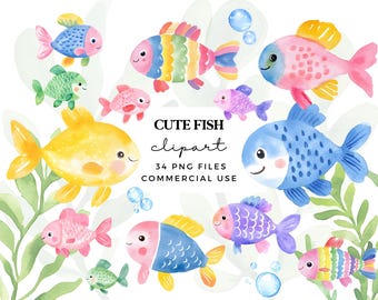 Cute Fishes Clipart - Watercolour Fish Images - Kawaii Clip Art Illustrations - Watercolour Nursery Wall Art - Under the Sea