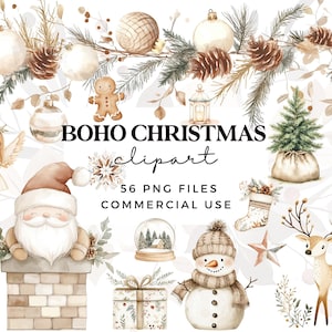 Neutral Christmas Clipart Bundle - Watercolour Boho Christmas Clipart - Cozy Xmas Holiday Clipart - Rustic Farmhouse Xmas Transparent PNGs