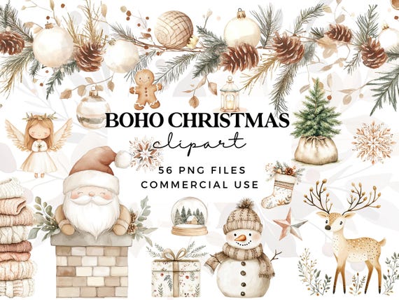 Neutral Christmas Clipart Bundle - Watercolour Boho Christmas Clipart - Cozy Xmas Holiday Clipart - Rustic Farmhouse Xmas Transparent PNGs