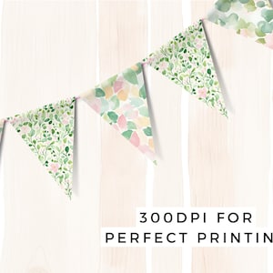 May include: A string of watercolor floral bunting flags with a white background and green leaves, pink and yellow flowers. The bunting is hanging against a light wood background. The text "300DPI FOR PERFECT PRINTING" is at the bottom of the image.