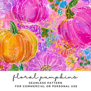 Floral Pumpkins Seamless Pattern - Colourful Scrapbook Paper - Fall Pattern - Sublimation Design - Cute Halloween Background