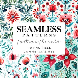 Folk Art Christmas Seamless Patterns - Pacchetto di carta digitale - Modelli di arte popolare scandinava in rosso festivo e verde acqua - File PNG per uso commerciale