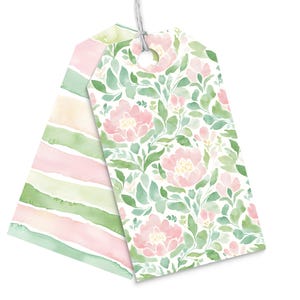 May include: Two gift tags with a watercolor floral design. One tag has a pink and green striped pattern, and the other has a white background with pink flowers and green leaves.