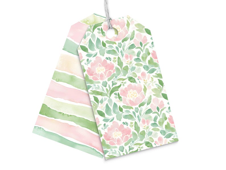 May include: Two gift tags with a watercolor floral design. One tag has a pink and green striped pattern, and the other has a white background with pink flowers and green leaves.