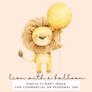 Clipart de leão fofo com um balão para arte de parede de berçário, convites para festas infantis, chás de bebê - Lion Clip Art - Uso comercial transparente PNG