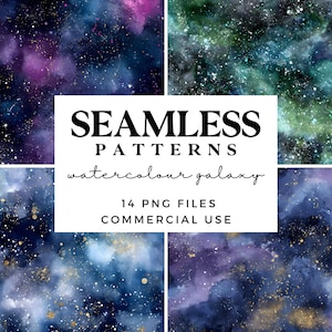 Pode incluir: Imagem de arte digital com quatro padrões de galáxias em aquarela sem costura em tons de azul, roxo e verde, com estrelas brilhantes. A imagem inclui o texto: "SEAMLESS PATTERNS watercolour galaxy 14 PNG FILES COMMERCIAL USE."