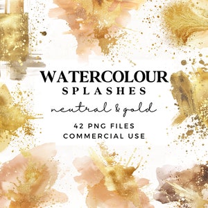 Op de afbeelding: Waterverf spatten in neutrale en gouden kleuren. 42 PNG-bestanden voor commercieel gebruik.