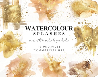 Watercolour Splashes Clipart in Neutrals and Gold - Digital Watercolour Splatter - Gold Watercolour Washes - Paint Splash PNG