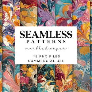 Puede incluir: Una colección de patrones sin costuras con diseños de papel veteado. Los patrones presentan remolinos de color en tonos de azul, naranja, amarillo, rosa y morado. La imagen incluye el texto "SEAMLESS PATTERNS marbled paper 18 PNG FILES COMMERCIAL USE."
