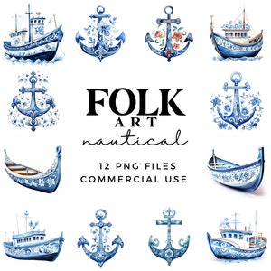 Clipart nautico - ClipArt di ancore e barche in blu e bianco - Arte popolare acquerello - Stile Rosemaling - Tema mare - Uso commerciale PNG