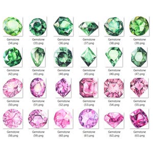 May include: A collection of 32 watercolor illustrations of gemstones in various shapes and colors, including green, blue, and pink. Each gemstone is labeled with a number and the file extension .png.