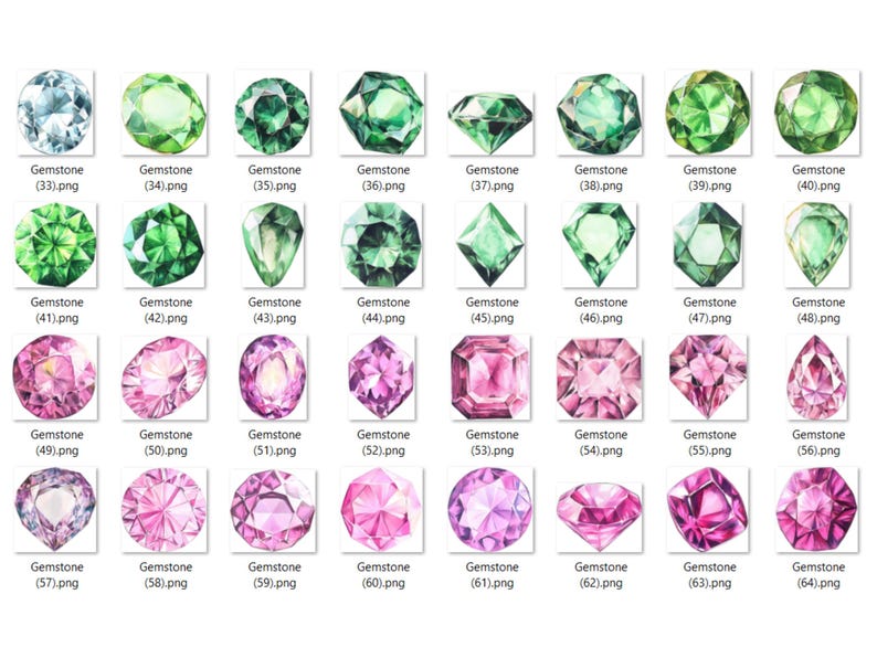 May include: A collection of 32 watercolor illustrations of gemstones in various shapes and colors, including green, blue, and pink. Each gemstone is labeled with a number and the file extension .png.