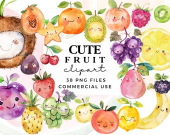 Cute Fruit Clipart PNG - Watercolour Fruits Clipart Bundle - Kawaii Fruits - Transparent PNGs for Commercial Use - Summer Fruits