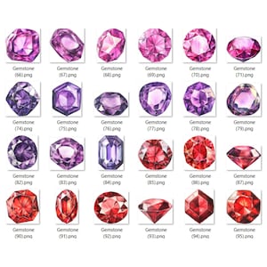 May include: A collection of 36 watercolor illustrations of various gemstones, including amethyst, ruby, and garnet. Each gemstone is depicted in a realistic style with intricate details and vibrant colors.
