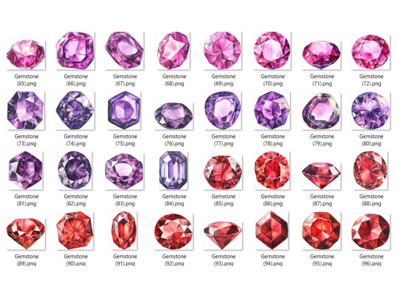 May include: A collection of 36 watercolor illustrations of various gemstones, including amethyst, ruby, and garnet. Each gemstone is depicted in a realistic style with intricate details and vibrant colors.