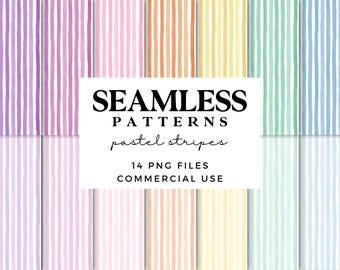 May include: A digital graphic featuring a variety of pastel stripe patterns in shades of purple, pink, orange, yellow, green, and blue. The image includes the text "SEAMLESS PATTERNS pastel stripes 14 PNG FILES COMMERCIAL USE."