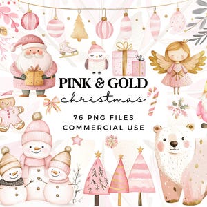Pacchetto di graziosi clipart natalizi in rosa e oro - Clip art acquerellata per biglietti di Natale - Pacchetto di clipart per uso commerciale - Stile scandinavo moderno