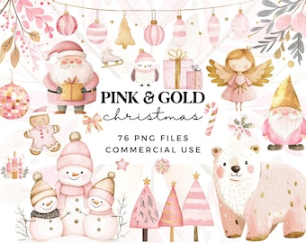 Cute Christmas Clipart Bundle in Pink & Gold - Watercolor Clip Art for Christmas Cards - Commercial Use Clipart Bundle - Modern Scandi Style