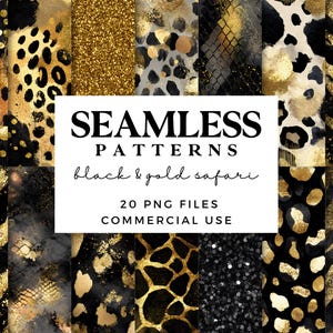 Safari Print Seamless Patterns in Black & Gold - Animal Print Glitter Background -  Printable Scrapbook Paper - 300dpi Glam Leopard Print