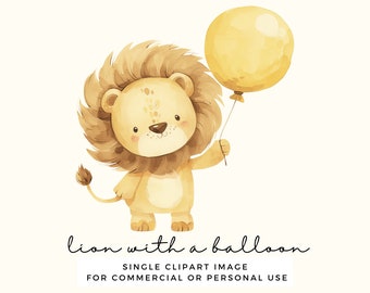 Cute Lion Clipart - Lion with a Balloon Clip Art for Nursery Wall Art, Kids Party Invites, Baby Showers - Commercial Use Transparent PNG