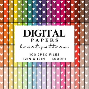 Op de afbeelding: Een verzameling digitale papieren met een hartpatroon in verschillende kleuren. Elk papier heeft een herhalend patroon van witte harten op een effen achtergrond. De afbeelding bevat de tekst "DIGITAL PAPERS heart pattern 100 JPEG FILES 12IN X 12IN 300DPI."