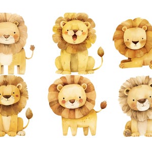 May include: Six watercolor illustrations of lions with different expressions. The lions are all facing forward and have a light brown color with darker brown accents.