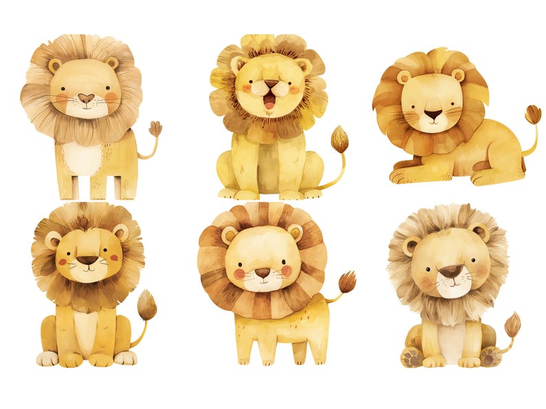 May include: Six watercolor illustrations of lions with different expressions. The lions are all facing forward and have a light brown color with darker brown accents.