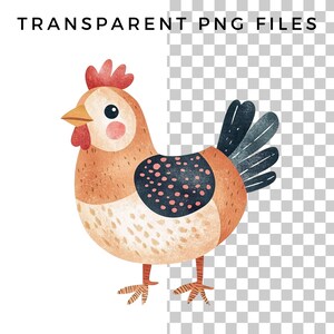 May include: A cartoon illustration of a brown and white chicken with black and pink polka dots on its wings. The chicken has a red comb and wattle.