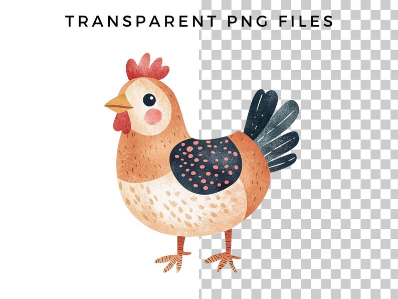 May include: A cartoon illustration of a brown and white chicken with black and pink polka dots on its wings. The chicken has a red comb and wattle.