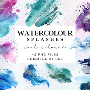 Watercolor Splash Clipart in kühlen Farben - Digitaler Watercolor Splatter - Silberfarbene Aquarellwäsche - Blaue, Lila und Grüne Farbspritzer