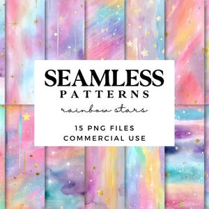 Puede incluir: Conjunto de patrones sin costuras con efecto acuarela, con colores arcoíris y estrellas doradas. La imagen incluye el texto: "SEAMLESS PATTERNS rainbow stars 15 PNG FILES COMMERCIAL USE."