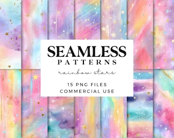 Rainbow Stars Seamless Patterns – Pastel Digital Backgrounds for Scrapbooking, Wrapping Paper, Sublimation & Craft Projects - Junk Journal