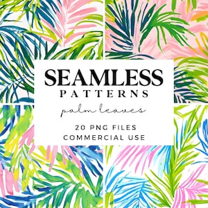 May include: A set of 20 seamless digital patterns featuring watercolor palm leaves in various colors, including green, blue, pink, and yellow. The patterns are perfect for creating tropical-themed designs.