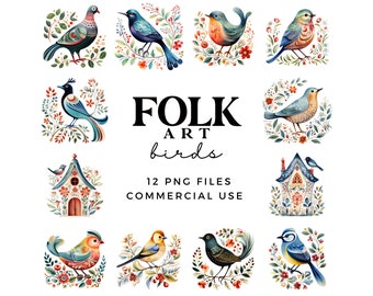 Aquarel volkskunst tuin vogels Clipart - Rosemaling vogels Clip Art illustraties - kaarten maken Instant Download 300 DPI png en jpegbestanden