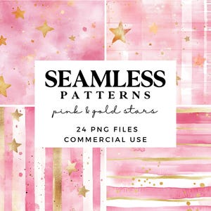 Pink Stars Seamless Patterns - Pink and Gold Digital Backgrounds - Pretty Pastel Wrapping Paper - Scrapbook Paper - Sublimation Designs