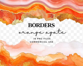 Orange Agate Borders Clipart for Commercial Use - Geode Clip Art - Orange and Gold Marble Borders - Sparkly Crystal PNG Borders