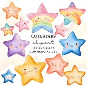 Cute Stars Clipart - Imagens de estrelas em aquarela - Ilustrações de clipart kawaii - Arte de parede de berçário em aquarela - Imagens de chá de bebê