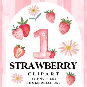 Clipart di fragole ad acquerello - Pacchetto di clipart di primo compleanno di bacche carine - Motivo a quadretti rosa senza cuciture - Fiori e fragole