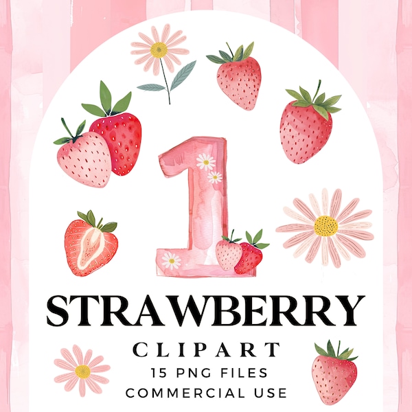 Watercolour Strawberry Clipart - Cute Berry First Birthday Clipart Bundle - Pink Gingham Seamless Pattern - Flowers & Strawberries