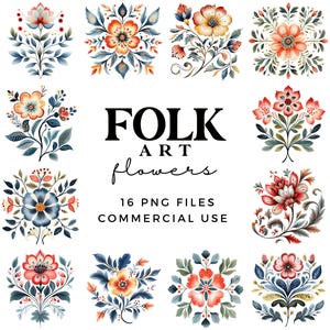 Imágenes prediseñadas de flores de arte popular en acuarela - Ilustraciones prediseñadas florales de Rosemaling - Creación de tarjetas Descarga instantánea de archivos PNG de 300 DPI