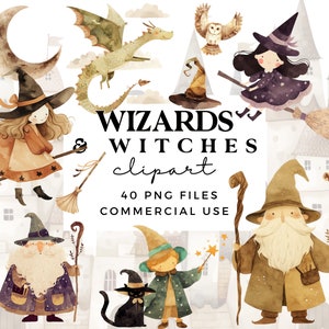 Niedliche Zauberer Clipart - Aquarell Hexe Clipart für kommerzielle Nutzung - PNG Dateien - Zaubererschule - Magisches Clipart - Halloween Clipart