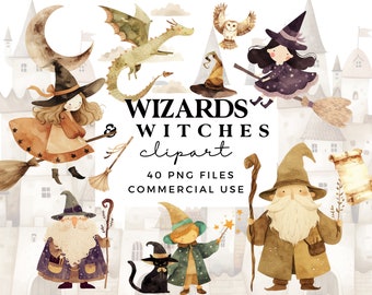 Cute Wizard Clipart - Watercolor Witch Clipart for Commercial Use - PNG Files - Wizard School - Magic Clipart - Halloween Clipart