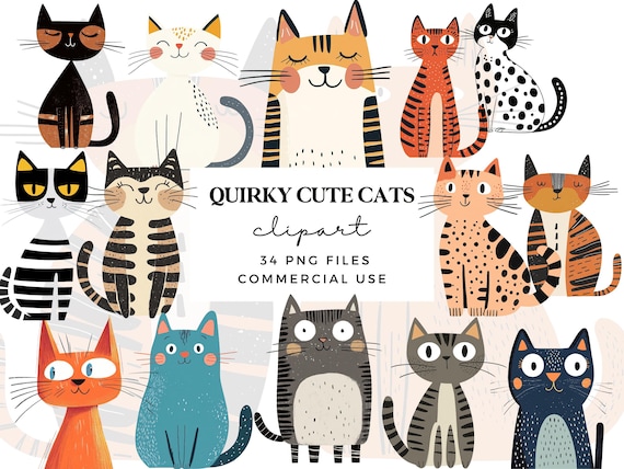 Quirky Cats Clipart PNG - Cute Cartoon Cats Clipart - Funny Kitten Clipart - Cat Lover Graphics - Commercial Use - Cat Sublimation Designs